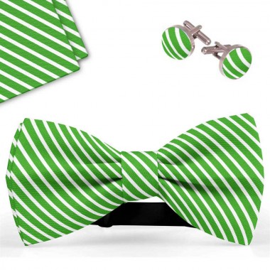 Set papion barbati, batista, butoni, verde deschis, dungi albe subtiri